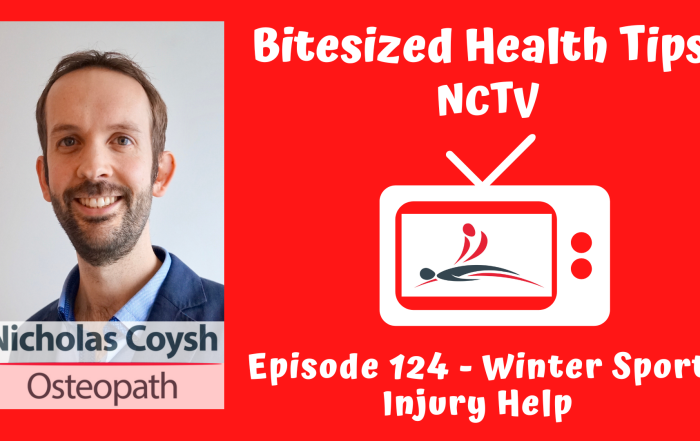 Thumbnail for 'Bitesized Health Tips' by NCTV. The image is split into two sections: the left side shows a portrait of Nicholas Coysh, an osteopath, smiling and wearing a dark blazer over a light blue shirt. The right side features a red background with a retro TV icon displaying the NCTV logo, and text that reads 'Episode 124 - Winter Sports Injuries' in bold, playful white font.